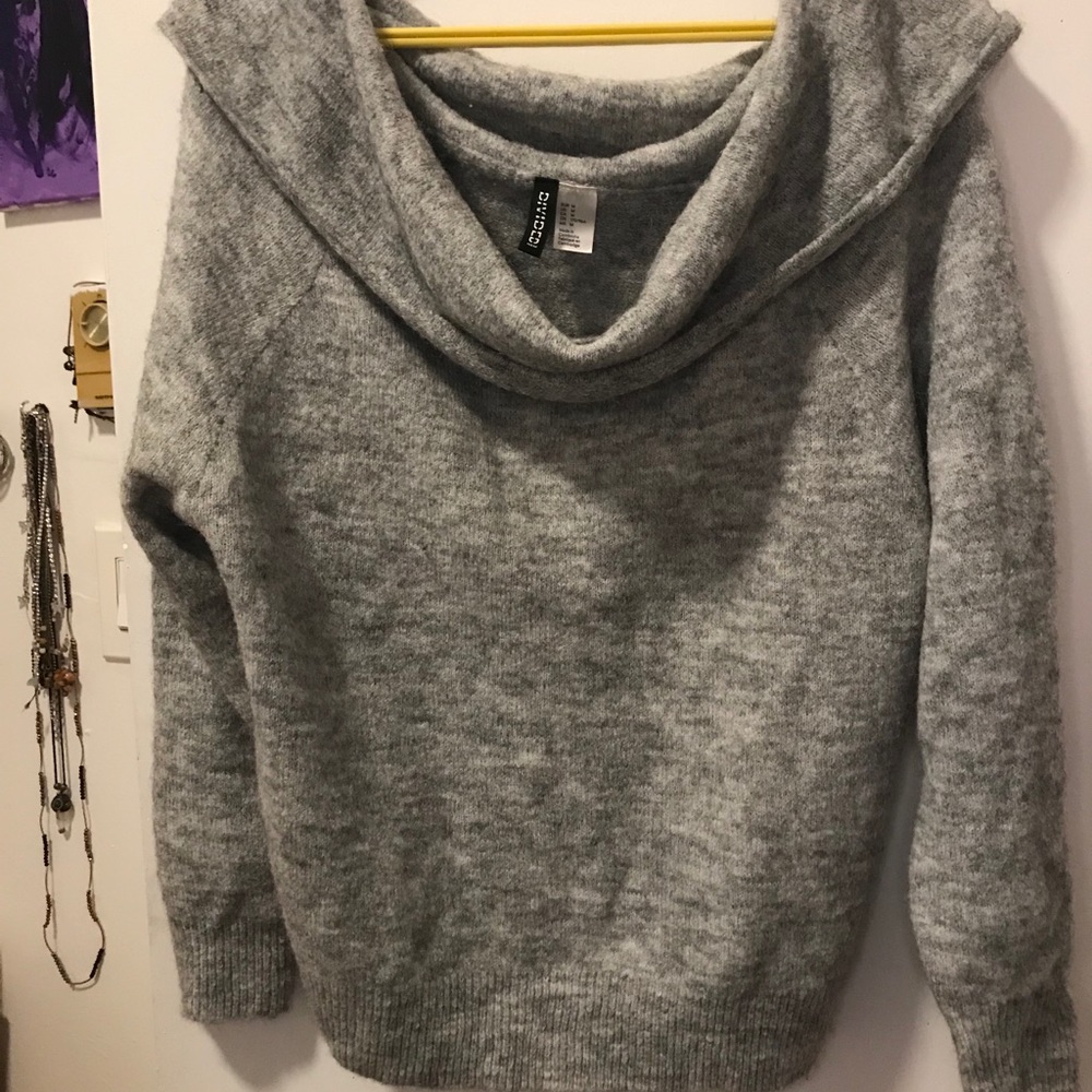 Grey Off Shoulder Knit Sweater